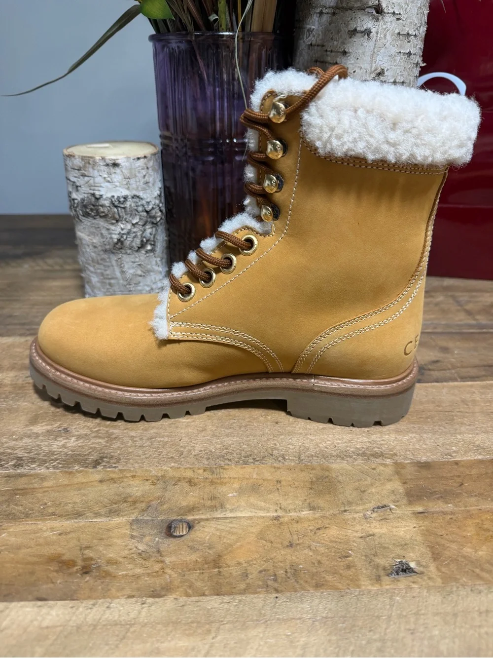 Celine Tan Shearling-Trim Lace-Up Winter Boots